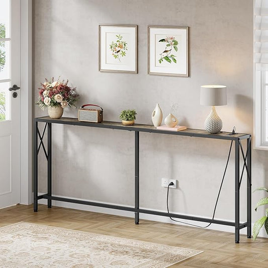 70" Sofa Tables Narrow Long, Behind Couch Table with Oulets & USB Ports, Industrial Long Skinny Stand for Entryway,Hallway, Living Room, Bedroom 7.9" D x 70" W x 30.3" H