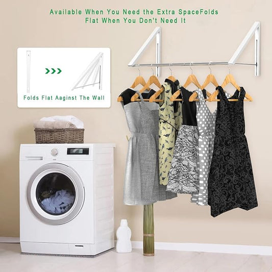 Laundry Room Drying Rack Wall Mounted Clothes Hanger Folding Wall Coat Racks Aluminum Home Storage Organiser Space Savers White 2 Rakcs with Rod