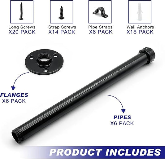 6 Pack Pipe Shelf Brackets 12 Inch, Industrial Iron Pipe Floating Shelves Bracket Heavy Duty Metal Shelving Brackets for DIY Shelves