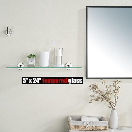 JQK Bathroom Glass Shelf, Tempered Glass Shower Storage 24 by 5 inches, 304 Stainless Steel Brushed Finish Wall Mount, TGS101L24-BN