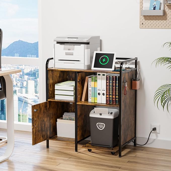 VINGLI Multifunctional Printer Stand with Trolley, Paper Shredder Stand Rack with Wheels, Lateral Office Storage Cabinets with Socket and USB Charging Port, Open Shelves for Home Office (Rustic Brown)