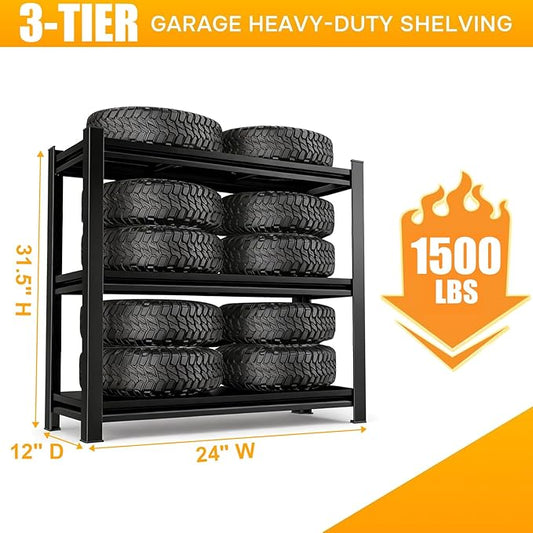 3 Tier Garage Shelving, Heavy Duty Adjustable Metal Storage Shelves, Small Shelving Unit for Garage, Basement, Pantry, 24" W x 12" D x 31.5" H