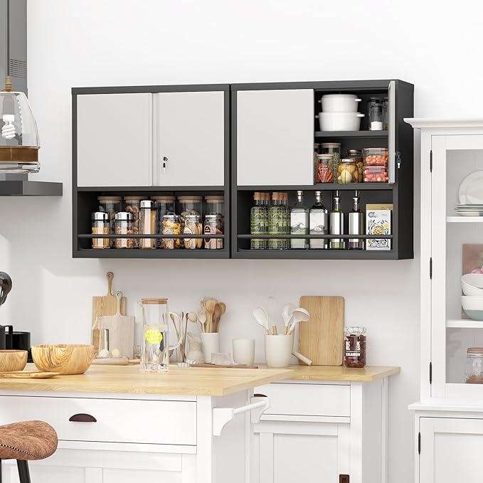 Metal Cabinet Wall Mounted, Garage Storage Cabinets with 2 Door & Adjustable Shelves, Steel Floating Hanging Storage Cabinet, Metal Storage Cabinet for Bathroom, Office, Warehouse