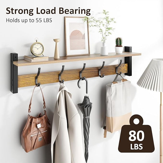 Coat Rack Wall Mount with Shelf, 29 Inch Coat Hanger Walls Mounted, Hat Rack for Walls, Shelf with 5 Coat Hooks, Wall Hanger for Entryway (Brown)