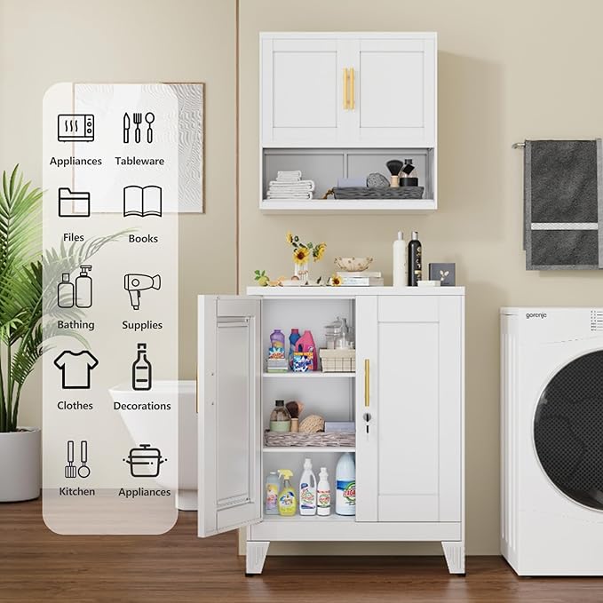 White Metal File Cabinet with Lock (Two Units), Steel Storage Cabient with 2 Doors and 2 Adjustable Shelves, Multifunctional Locked Cabinet for Home/Office/Garage/Tool Room, Accent Furniture