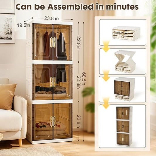 YHB Easy Assembly Wardrobe Portable Closet Storage Cabinet, Pet Collapsible Clothes Organizers,White, Collapsible Wardrobe with Visualization Doors, Rolling Wheels
