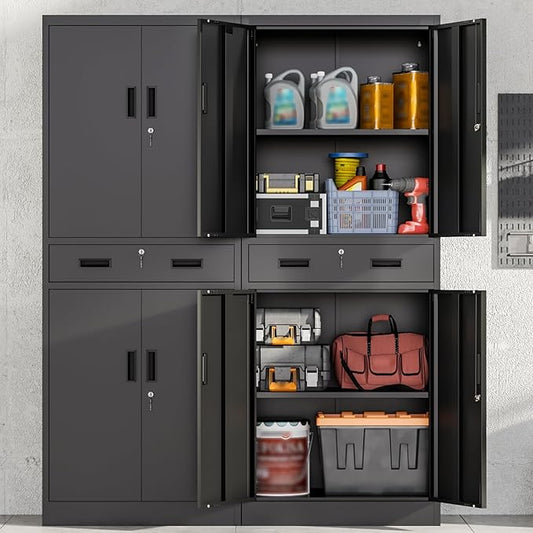 Metal Storage Cabinet, 71" H x 28" W x 16" D Locking Storage Cabinet with Adjustable Shelves and One Drawer, Steel Cabinet for Office, Garage, Home, School, Utility (Black)