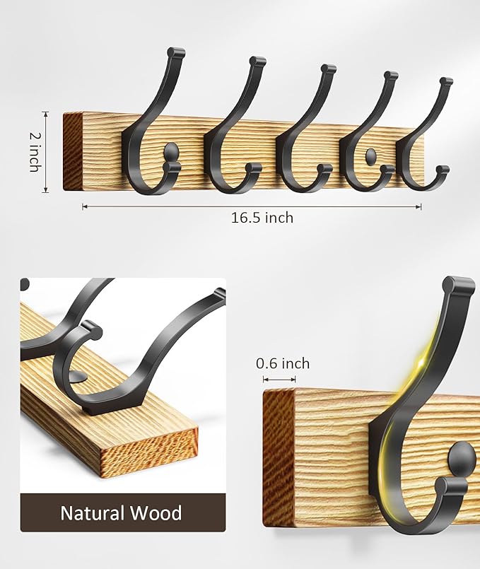 Coat Rack Wall Mount, 16.5 Inches Wood Coat Hooks Wall Mount, Wall Coat Rack with 5 Hooks, Hat Rack Wall Hooks for Hanging Coat, Bag, Towel (2Pack, Natural)