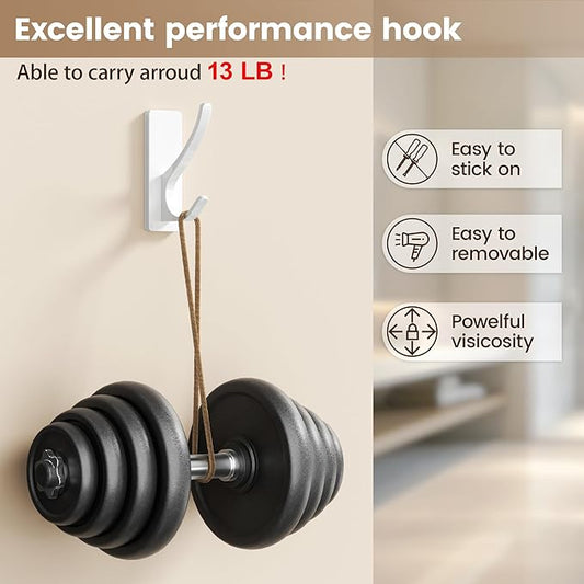 Self Adhesive Towel Hooks: Extra Strong 13LB, Stainless Hook for Hanging Loofah, Towels, Coat, Bath Robe Bathroom Shower, White, 4 Pack