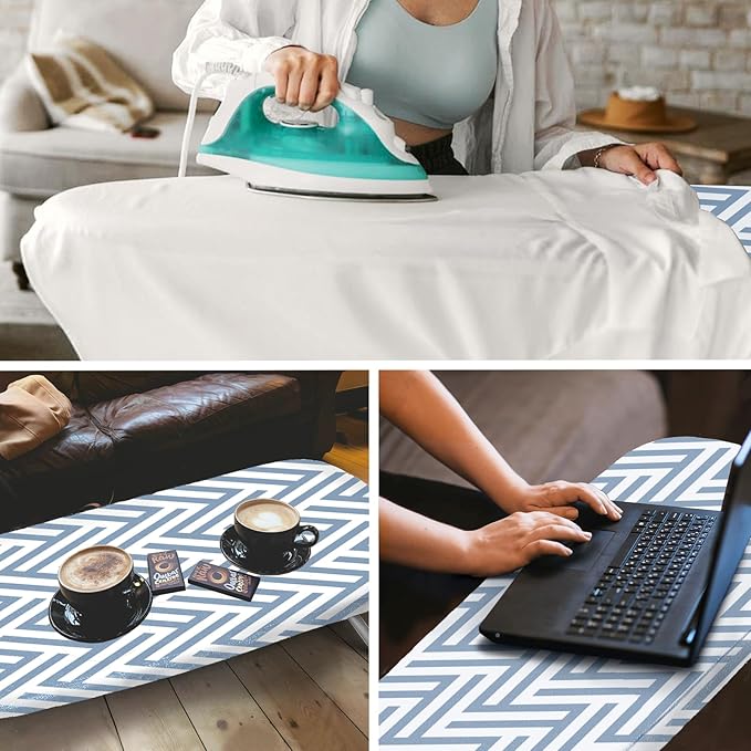 Small Tabletop Ironing Board Foldable, RAINHOL Steel Mesh Portable Iron Board for Dorm and Apartment, with Iron Rest and Heat-Resistant Cotton Cover, 32" x 12", Blue and White Stripes