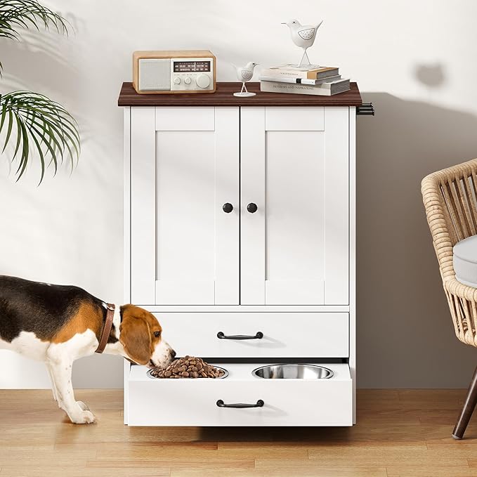 Rovibek Dog Feeding Station with Storage Cabinet - Elevated Dog Bowls with Storage Drawers, Pet Storage Cabinet with Leash Hooks, Pet Organizers for Food & Supplies