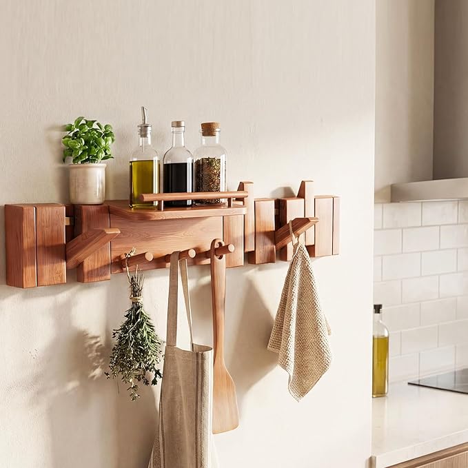 Mid Century Modern Walnut Foldable Entryway Wall Coat Hanger Hook with Shelf,Heavy Duty Wooden Piano Hidden Towel Hooks for Bathroom,Wall Rack for Purse&Key&Mail,Home Decor (Walnut, 7 Hooks)