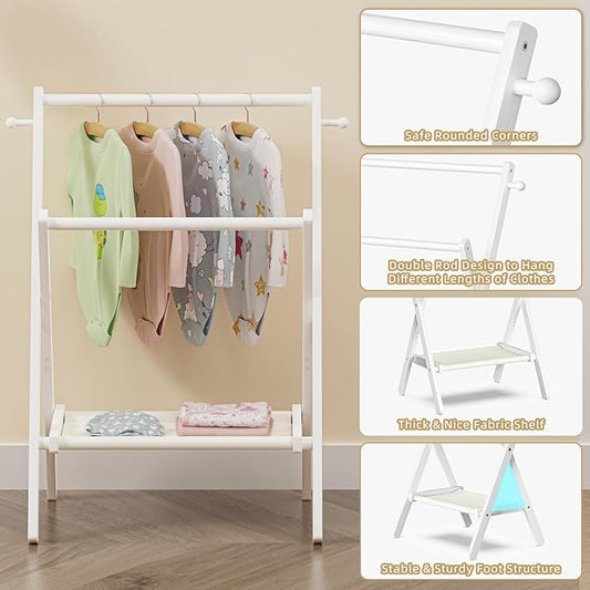 Baby Clothing Rack for Baby Shower Pets Dolls, Baby Clothes Rack with Storage Shelf & Double Rods, Toddler Clothes Rack, Mini Closet Baby Shower Rack (White)