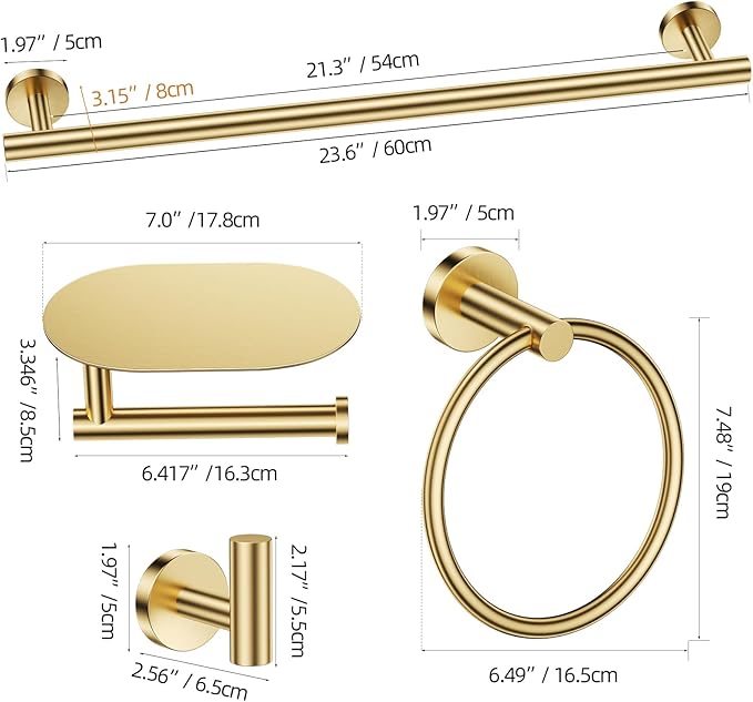 TURS Brushed Gold 5 Piece Bathroom Hardware Set, SUS304 Stainless Steel Bath Towel Bar Set, Bathroom Towel Rack Set Wall Mounted