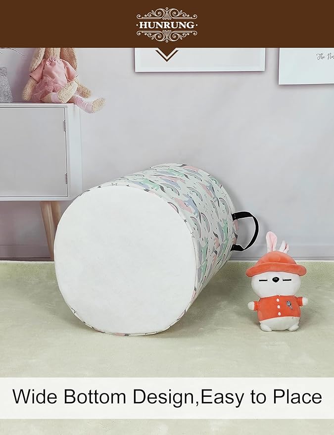 HUNRUNG Laundry Hamper,Large Canvas Fabric Lightweight Storage Basket Toy Organizer Dirty Clothes Collapsible Waterproof for College Dorms(Round-Star Unicorn)