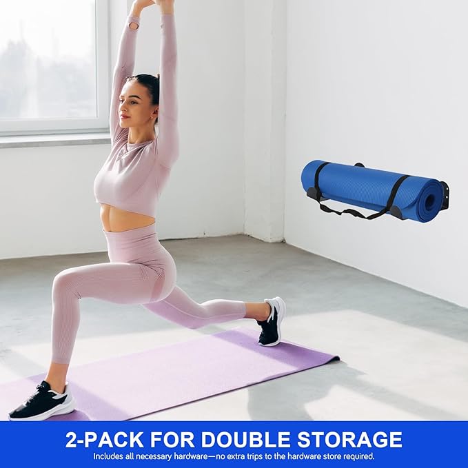 Stainless Steel Yoga Mat Holder Wall Mount 2-Pack – Space Saving Storage Rack for Exercise Mats, Foam Rollers, Resistance Bands – Home Gym Organizer