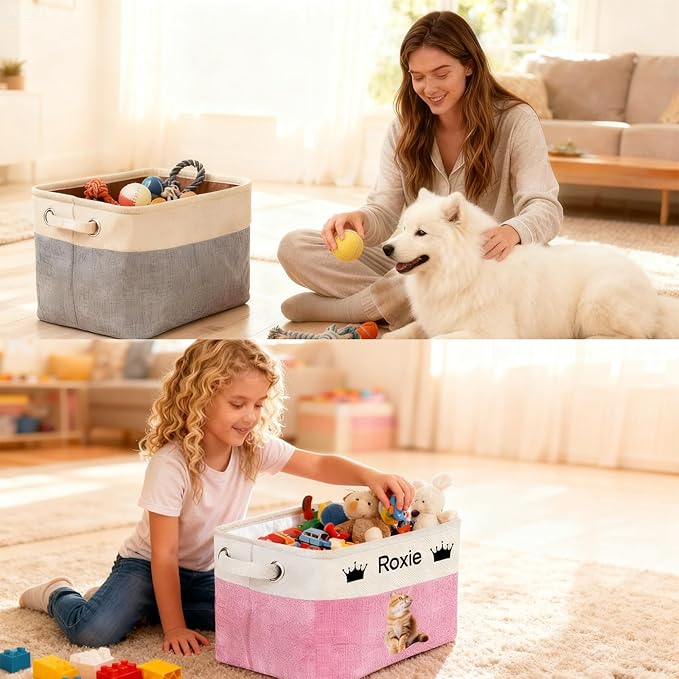 Customized Pet Toy Storage Basket - Personalized Dog & Cat Toy Organizer with Name, Foldable & Durable Fabric Bin for Pet Supplies, Organizer for Toys, Coats, Clothing, Blankets Purple