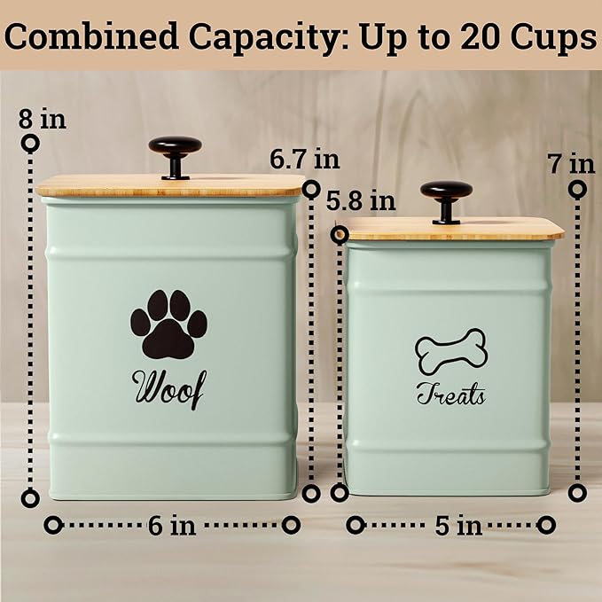 Dog Treat Container Airtight Set of 2 - 8x6 & 7x5 inch Iron Dog Treat Jars for Kitchen Counter with Airtight Bamboo Lids - 20 Cup Capacity Pet Treat Container Set - Doggie Cookie Jar - Treats Canister