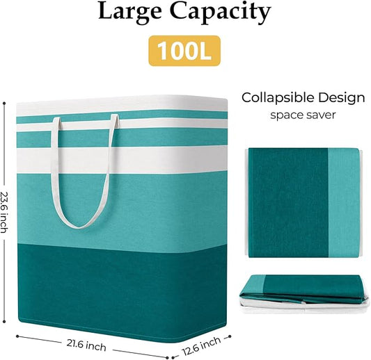 StorageRight Large Collapsible Laundry Basket Hamper with Easy Carry Handles,Freestanding Clothes Hampers for Laundry, Bedroom, Dorm, Towels, Toys, 100L, Green