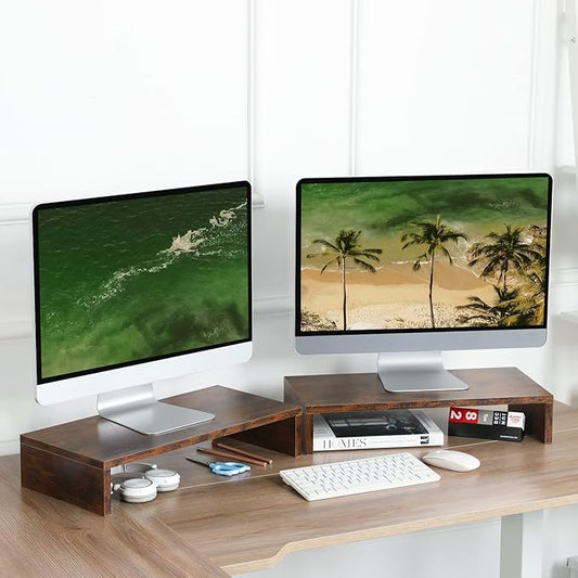 TEAMIX 2 Pack Monitor Stand Riser-20 inch, Wooden Tabletop Shelf for TV/PC/Laptop/Printer, Rustic Brown Monitor Riser with Storage, Computer Stand Ergonomic Design