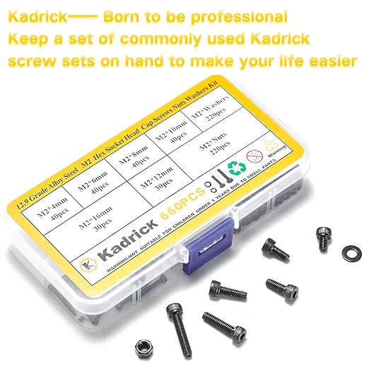 Kadrick Metric Screw Assortment, 660 Pcs M2 Screws, M2*4mm/6mm/8mm/10mm/12mm/16mm,12.9 Grade Alloy Steel, Metric Hex Socket Head Cap Screws Nuts Washers Kit, Black Zinc Plated Anti Rust Upgrade