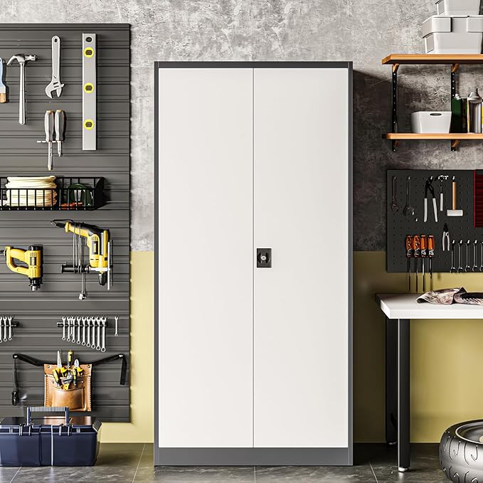 Metal Storage Cabinet with 2 Doors and 4 Adjustable Shelves, 71" Steel Garage Storage Cabinet, Locking Tool Cabinets for Office, Home,School,Kitchen,Garage Tool Utility Cabinet