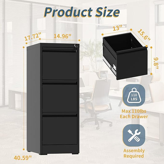 3 Drawer File Cabinet with Lock, Vertical Filing Cabinets for Home Office, Metal Storage Cabinets, Heavy Duty File Cabinet for Letter/Legal/A4/F4 Size Amsseble Required, Black