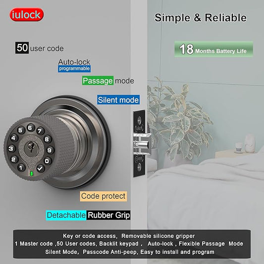 Smart Door Knob with Keypad and Key,Keyless Entry Door Lock with Rubber Grip, Auto Lock,50 User Code,Waterproof, Easy to Install and Program for Bedroom Garage Office Gate (Satin Nickel)