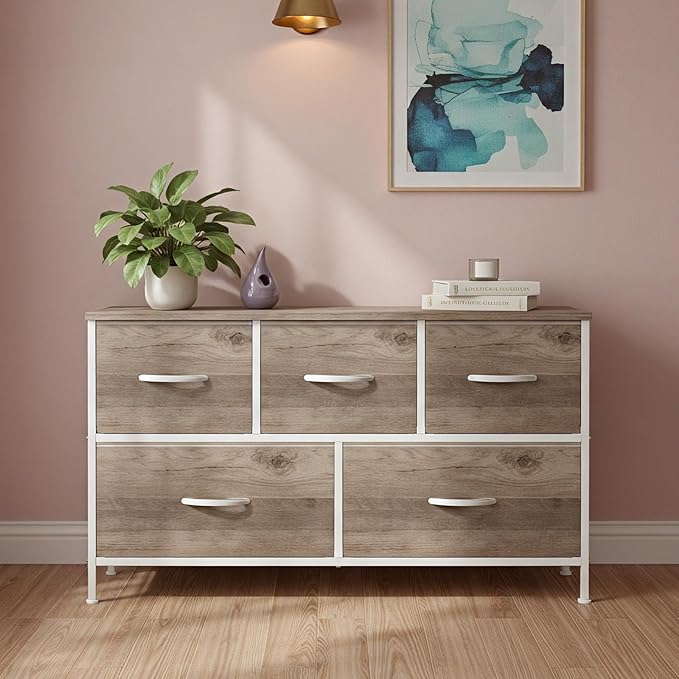 OLIXIS Dresser for Bedroom with 5 Drawers, Wide Chest of Drawers, Fabric Bedroom Dresser with Drawer Organizer, Storage Organizer Unit with Fabric Bins for Closet, Living Room, Hallway, Greige Oak
