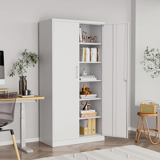 Metal Storage Cabinet with Lock, 71" White Garage Cabinets with 2 Doors and 5 Adjustable Shelves, Steel Locking Caninets Tall Tool Utility Caninet, Lockable File Cabnet for Home Office, Pantry