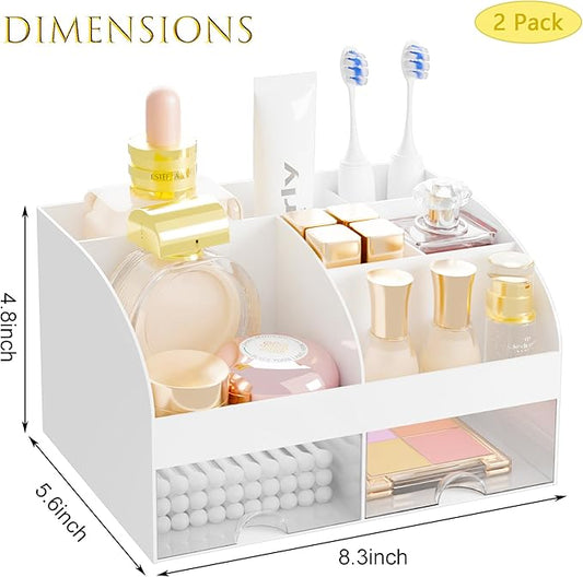 Makeup Organizer with 2 Drawers, Cosmetic Storage for Dresser Vanity and Bathroom Countertop,Make up organization and Skincare Storage with Beauty Brush Holder, Cosmetic Display Case 2Pcs White