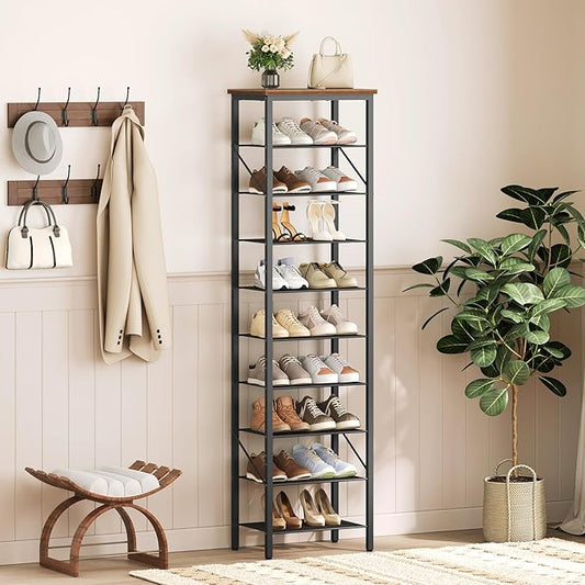10-Tier Narrow Shoe Rack, Vertical Shoe Storage Organizer, for 12-24 Pairs, Shoe Shelf with Metal Frame, for Hallway, Entryway, Living Room, Rustic Brown and Black SRHR11401