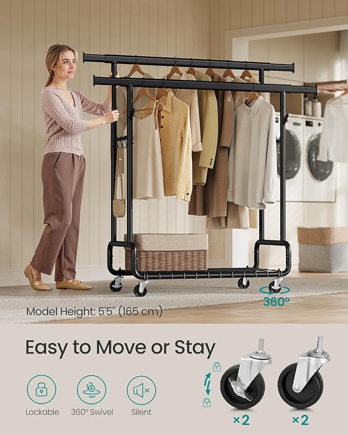 SONGMICS Clothes Rack, Heavy-Duty Rolling Clothing Garment Rack with Wheels, Extendable Double Hanging Rods and Adjustable Height, Portable, with Shelf and Hooks, Ink Black UHSR015B01