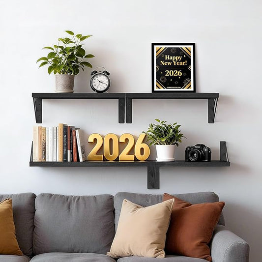 BAYKA Wall Mounted Floating Shelves, Wood Floating Wall Shelf for Books & Decor, Small Space-Saving Display & Organizer(Black,Set of 4)