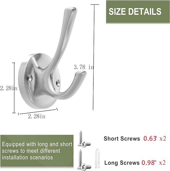 Brushed Nickel Wall Hooks, 6 Pack Coat Robe Hook Heavy Duty Metal Double Bath Hook Wall Mounted, Hand Towel Hooks for Cubicle Bathroom Kitchen Closet Garage
