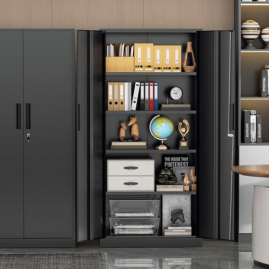 72” Metal Storage Cabinet, Lockable File Cabinets with 2 Doors and 4 Adjustable Shelves, Steel Tool Cabinets with Lock for Office, Home, Gym, Black-Small