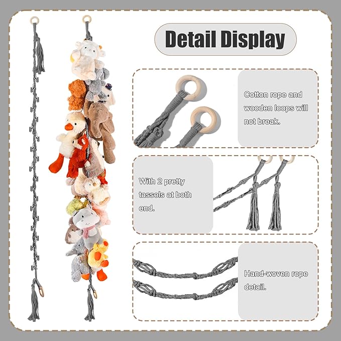 80" Cotton Hanging Storage Chain for Stuffed Animals Storage with 20 Metal Clips, Stuffed Animal Organizer Chain for Wall Corner Nursery Play Room, Grey