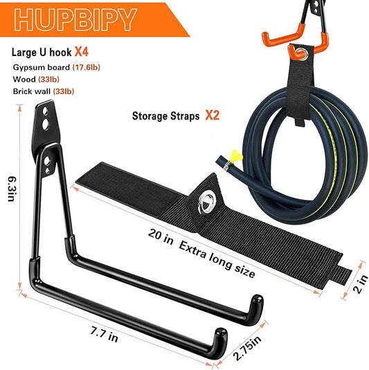 Heavy Duty Garage Hooks 4 Pack, 7.7 inch U Shaped Long Hanger, with 2 Extension Cord Holder Organizer, Wall Mounted Storage System, for Power and Garden Tool Hanging, Ladders, Bikes, Hose