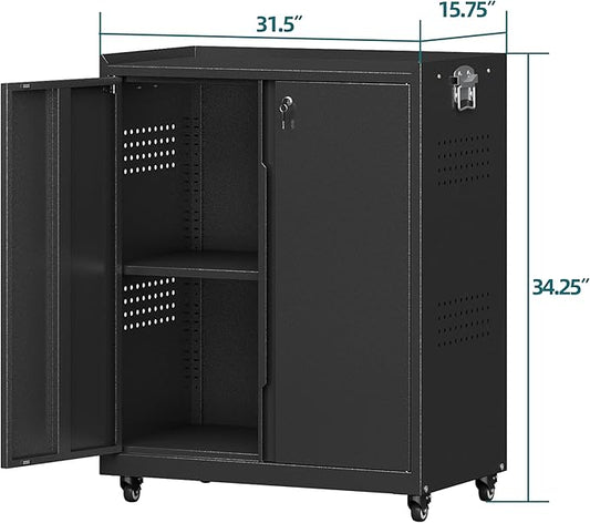 Metal Storage Cabinet with Wheels,34" Rolling Tool Cabinets with Lock&Adjustable Shelves,Locking Utility Cabinet with 1 Door for Garage, Warehouse (Black)