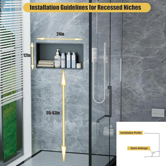 Shower Niche 24"x12",No Tile Needed,Stainless Steel Niche Bathroom for Shower Wall,Matte Black ( 24 x 12 in)