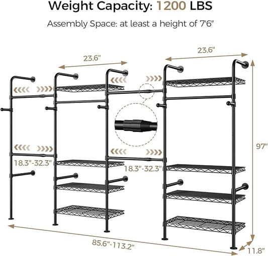 Closet Organizers and Storage, 4-Row Heavy Duty Clothes Rack for Hanging Clothes, Wall Mounted Closet System with 4 Telescopic Rods, 2 Fixed Rods, 5 Hooks, 8 Shelves for Wardrobe, Bedroom, Small Space