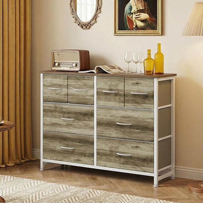 DUMOS TV Stand, Dresser with 8 Fabric Drawers, Spacious Storage Tower for Closet, TV Stand with Wood Top and Mental Frame, Storage Unit for Living Rooms, Bedroom and Entryway, Oak