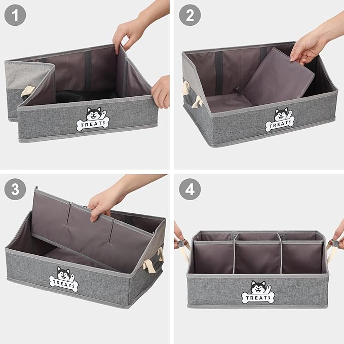Dog Treat Container Basket for Countertop, Foldable Pet Toy Box for Living Room Area with Handles, Dog Storage Organizer with Removable Dividers for Treat Container, Leashes, Canned food, Pet Supplies