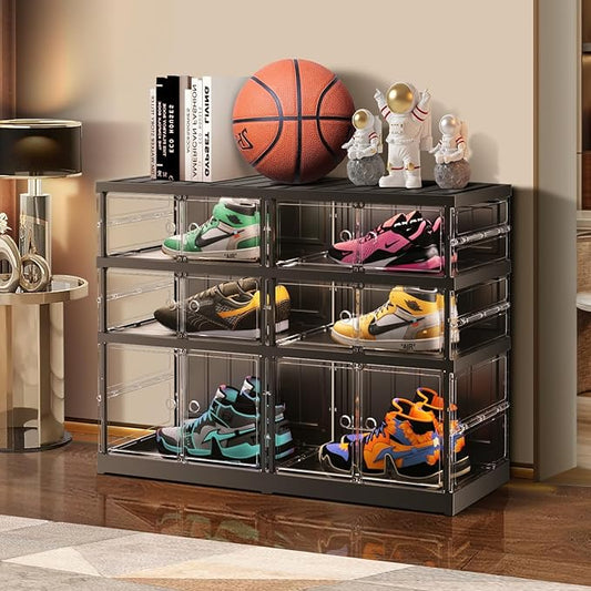 3 Tiers 6-12 Pairs Foldable Shoe Rack for Closet Plastic Stackable Shoe Boxes for Garage Collapsible Shoes Shelf with Doors Storage Organizer Cabinet Quick Assembly,Black