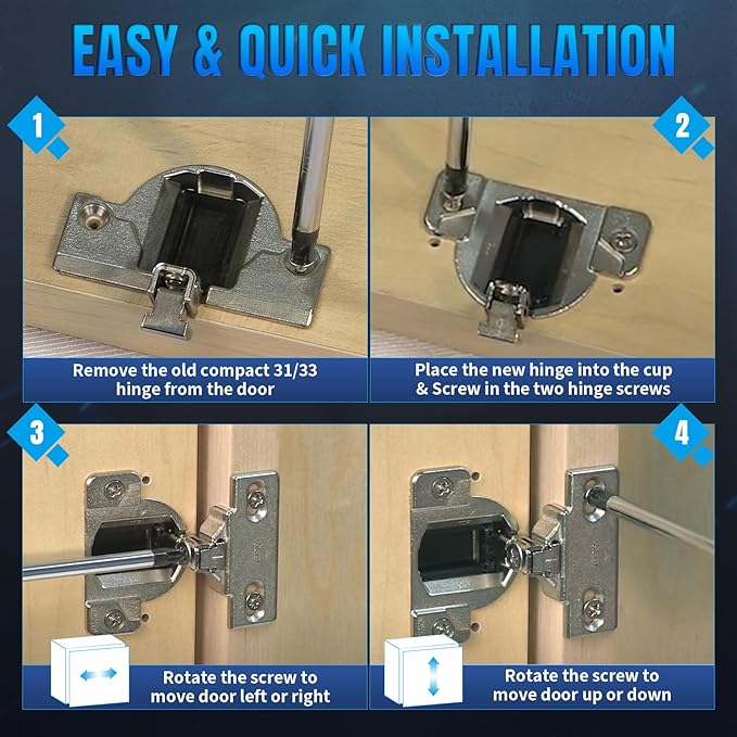 8 PCS Replacement for 30.310-11.02 Blum Cabinet Hinges, 110 & 120 Degree Screw On Self Closing, 33.3600 Compact 31 & 33 Hinge(Mounting Plate Not Included) Include Wood Screws Lifetime Replacement