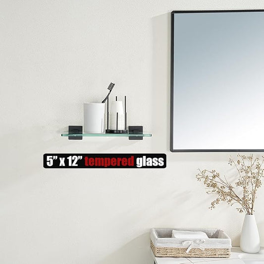 JQK Bathroom Glass Shelf Black, Tempered Glass Shower Storage 12 by 5 inches, 304 Stainless Steel Matte Black Wall Mount, TGS201L12-PB