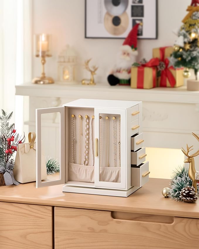 Lolalet Rotating 360° Jewelry Box, Clear Window Jewellery Storage for Earrings Bracelets Necklaces Rings, Large Vertical Organizer for Women, Valentine's Day Gift -White