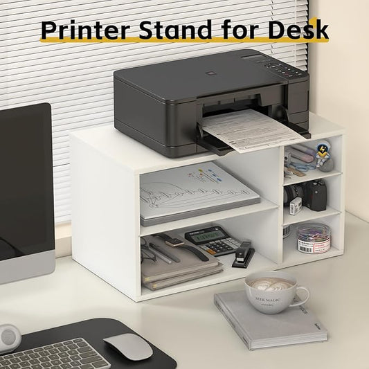 MARTY Printer Stand with Storage for Desk Large Desktop Printer Stand Desk Organizer with Paper Storage Holder File Organizer Wooden Printer Shelf Riser for Home/Office, White