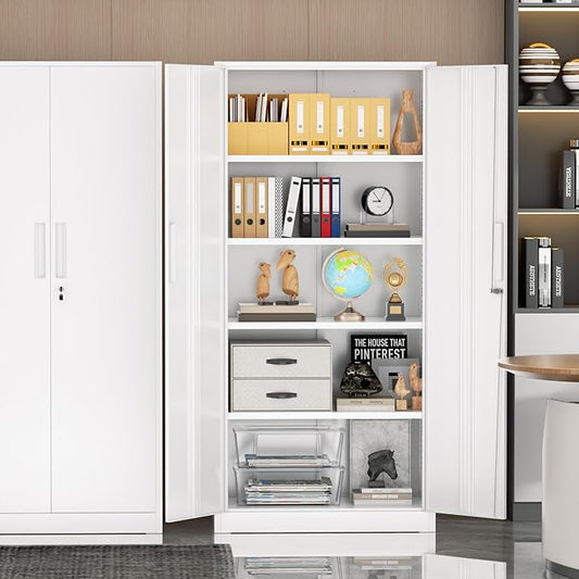 72”Metal Storage Cabinet, Lockable File Cabinets with 2 Doors and 4 Adjustable Shelves, Steel Tool Cabinets with Lock for Office, Home, Gym(White)
