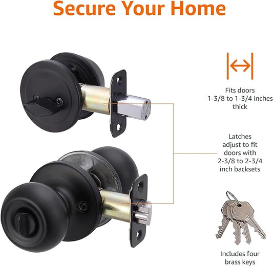 Amazon Basics Exterior Door Knob with Key Lock and Deadbolt, Coastal, Matte Black (Pack of 12)